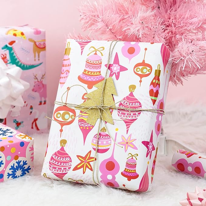 MAYPLUSS Pink Christmas Wrapping Paper - Mini Roll - 17in x 120 in Per roll - Pink White Snowfakes, Unicorn,Bell for Xmas Gift Wrap Retro Christmas Ornaments,for Holiday, New Year (46.8sq.ft)