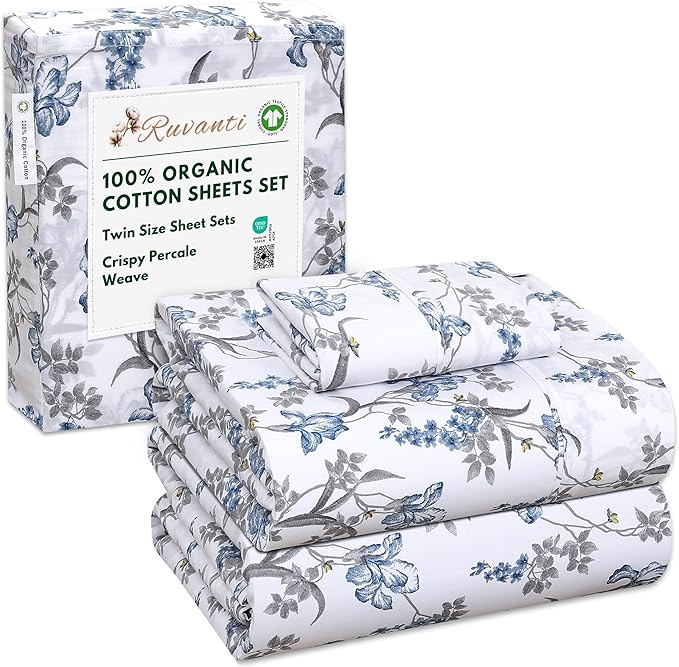 RUVANTI 100% Organic Cotton Sheets Twin Size, Percale Weave, GOTS Certified, 3-Piece Set, Deep Pocket 15", Crisp & Breathable, Soft Durable Bedding, Sábanas Algodón Orgánico – Deluxe