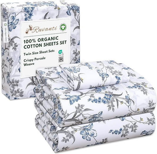 RUVANTI 100% Organic Cotton Sheets Twin Size, Percale Weave, GOTS Certified, 3-Piece Set, Deep Pocket 15", Crisp & Breathable, Soft Durable Bedding, Sábanas Algodón Orgánico – Deluxe