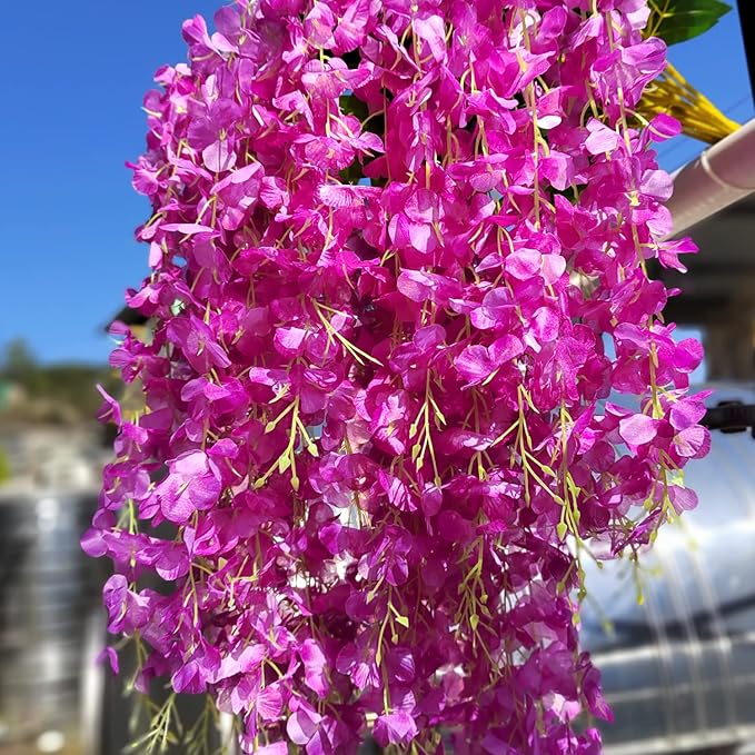 12 Pack Artificial Flowers Silk Wisteria Vine Ratta Hanging Flower (Purple)