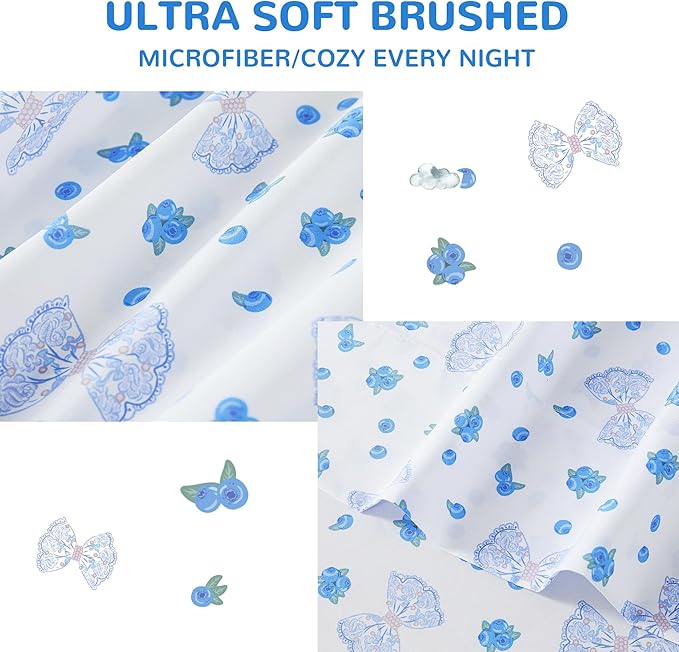 Viviland 3 Pieces Girls Blueberry Twin Sheet Set - Soft Microfiber Fitted Flat Sheets & Pillowcase - Blue Bow Blueberry Bedding Sets - for Kids & Toddlers