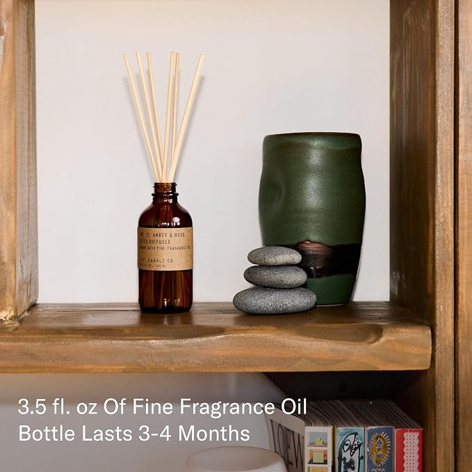 P.F. Candle Co. Amber & Moss Classic Scented Rattan Reed Diffuser (3.5 fl oz) Amber Glass Jar, Fine Fragrance Oil, Flame-Free Fragrance, Made in The U.S.A.