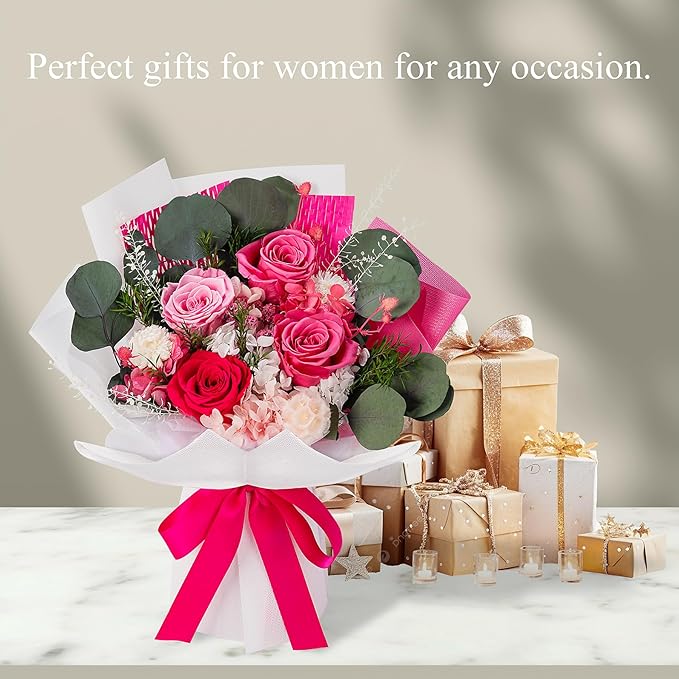 Perfectione Roses 4 Roses Mixed Bouquet for Mother's Day, Flowers for Delivery, Preserved Flowers Birthday Gift for Women Mom Wife Grandma Her, Pink