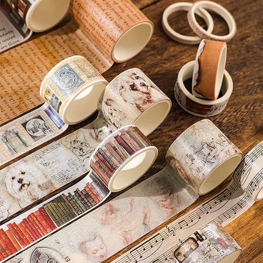 18 Rolls Vintage Washi Tape Set, Castle Stamp Music Retro Masking Tape 5/10/15/20/25/30/50/75mm Wide 6.56ft Long Decorative Scrapbook Tape for journaling, Scrapbooking Supplies, Junk Journal Craft