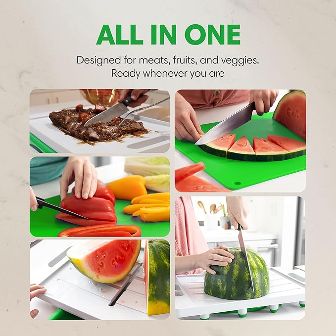 XL Meal Prep System Cutting Board - Large Cutting Board with Juice Groove, Spikes, Drip Tray & Removable Surface - Carving Board - BBQ Essential & Kitchen Gifts - BPA Free Cutting Board - Green