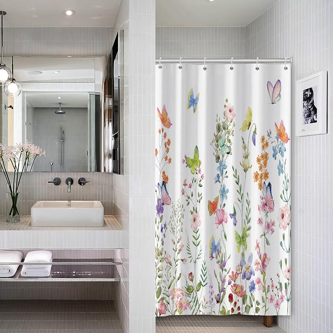 Spring Floral Butterfly Shower Curtain Summer Colorful Wildflowers Botanical Shower Curtain for Rustic Vintage Bathroom Decor Easter Shower Curtain Set 36x72 Inches