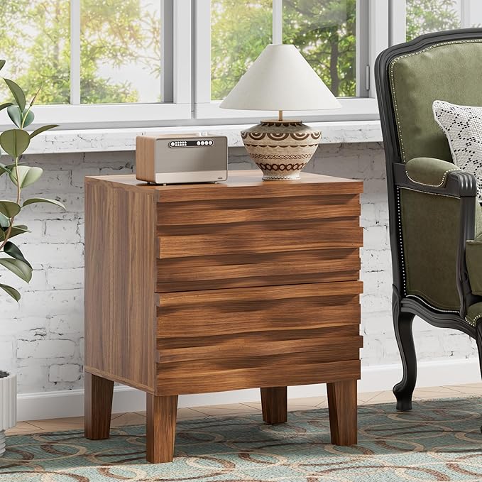 UEV Solid Wood Nightstand Set of 2, 19.7" W Boho Nightstand with 2 Drawers, Fluted Wood Night Stand, Mid Century Modern Bed Side Table for Bedroom,Living Room, Natural Wood