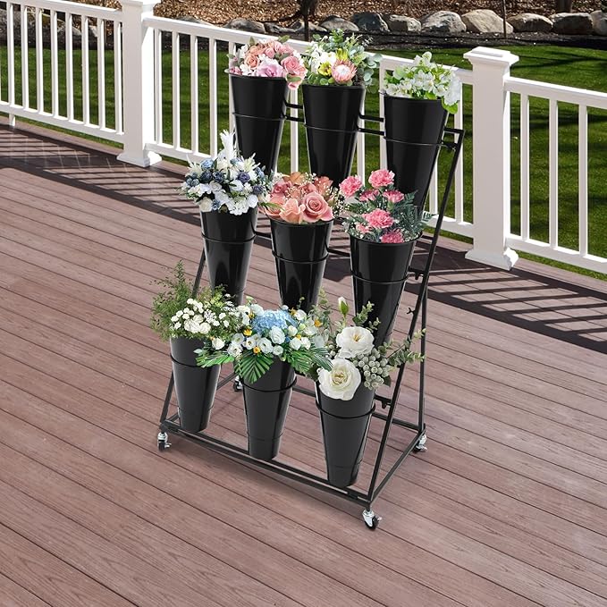 DYRABREST Flower Display Stand with Buckets, Black 3 Layers Metal Plant Stand with 9 Pieces Buckets, Moving Florist Bouquet Shelf for Fresh Flower Shop, for Patio Garden, Outdoor Flower Pop-Up Events