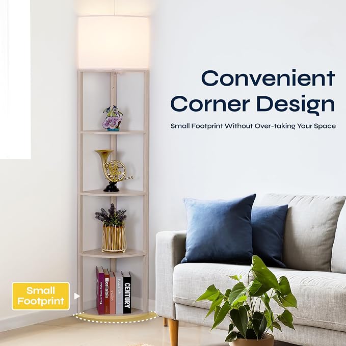 Corner Floor Lamp with Shelves, Tall Corner Lamp with Fabric Shade, Modern Torchiere Lamp for Living Room, Bedroom, Office, Corner Display Shelf with Light, Home Decor