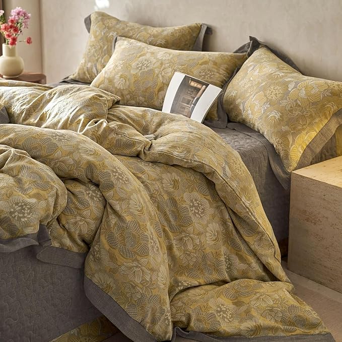 Golden Floral Duvet Cover Twin XL Vintage Jacquard Flower Bedding Set Linen Cotton Yarn-Dyed Textured Duvet Cover Bordered Farmhouse Boho Floral Comforter Cover with Zipper Closure Cozy Breathable