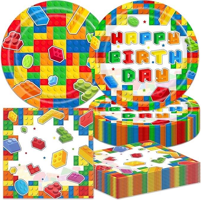 40Pcs Building Block Birthday Decorations Baby Shower Block Plates and Napkins Party Supplies Building Block Party Decorations