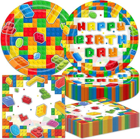 40Pcs Building Block Birthday Decorations Baby Shower Block Plates and Napkins Party Supplies Building Block Party Decorations