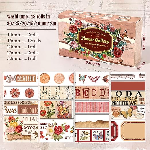 Auguro 18 Rolls Washi Tape Set for Crafts and Journaling DIY Vintage Floral Tape Scrapbooking Supplies washi Tape for journaling Decorative Tape for Crafts