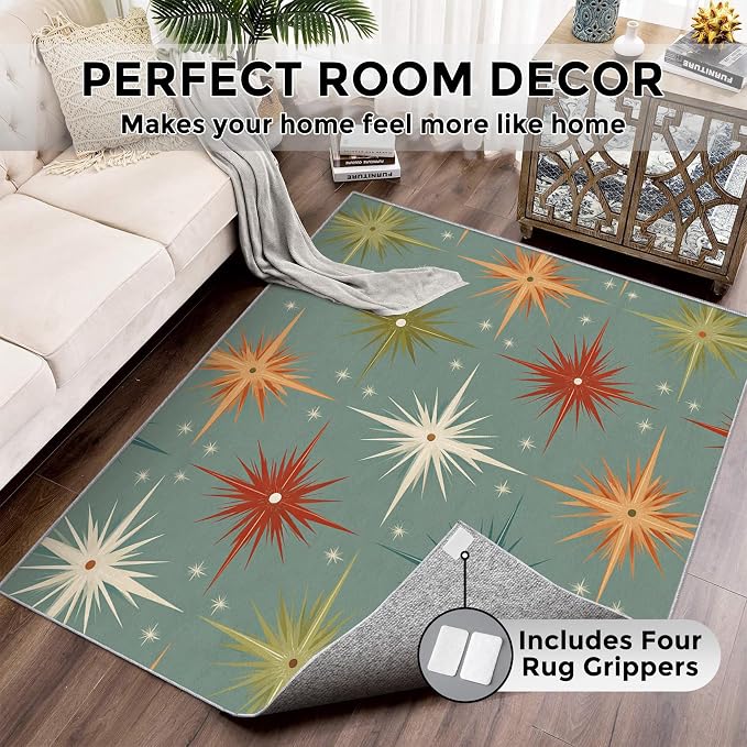 Mid Century Modern Rugs for Bedroom 4x5 ft, Starburst Area Rugs for Living Room, Washable Non Slip Low Pile Abstract Atomic Carpet, Home Decor PF-P 107