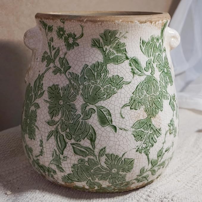 Vintage Ceramic Vase with Green Floral Pattern, White and Green, Crackle Glazed Finish, Decorative Garden Design (Large - Belly Jar with Drainage Hole)