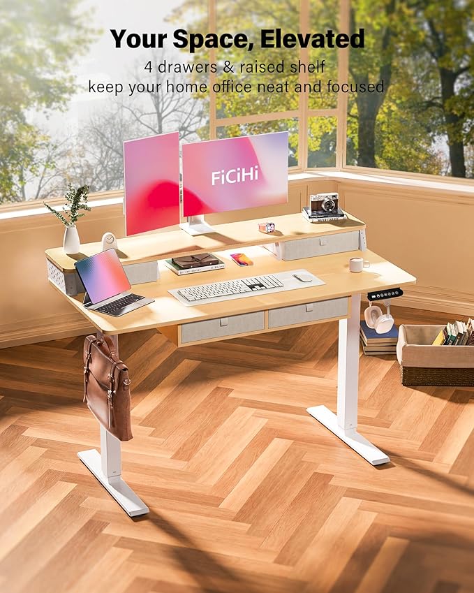 FiCiHi Adjustable Height Standing Desk with 4 Drawers,48 x 24 inches Electric Sit Stand Home Office Desk with Two Tiers, 3 Memory Presets, Monitor Stand Riser, C-Clamp Mount Compatible