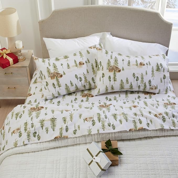 Market & Place 100% Cotton Full Flannel Sheet Set | 4 Piece Deep Pocket Novelty Cozy Winter Bed Sheets | Double Brushed for Extra Softness & Comfort | Alpine Collection (Full, Watercolor Forest)