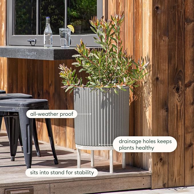 Veradek Demi Series Round Planter w/Stand for Porch/Patio | Durable Plastic-Stone Composite & Wooden Stand | Modern Décor for Tall Plants, Flowers