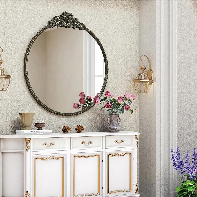 Baroque Antique Black Round Mirror for Wall Decor - 24" Circle Wall Mirror with Vintage Ornate Carved Floral Top Beaded Metal Frame for Bathroom Vanity, Entryway, Fireplace, Living Room, Bedroom