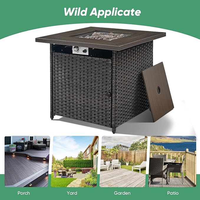 Belord 50000 BTU Propane Fire Pit Table, 30x30x26 Inches, Brown Wicker, Square, Modern Style, Steel, Powder Coated Finish