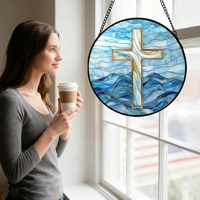 Christian Gifts for Women - Blue Cross Stained Glass Window Hanging Jesus Easter Ocean Waves Sun Catcher Garden Religion Decor Mother's Day Catholic Gift for Men Grandma Mom Her Nana 6.3"