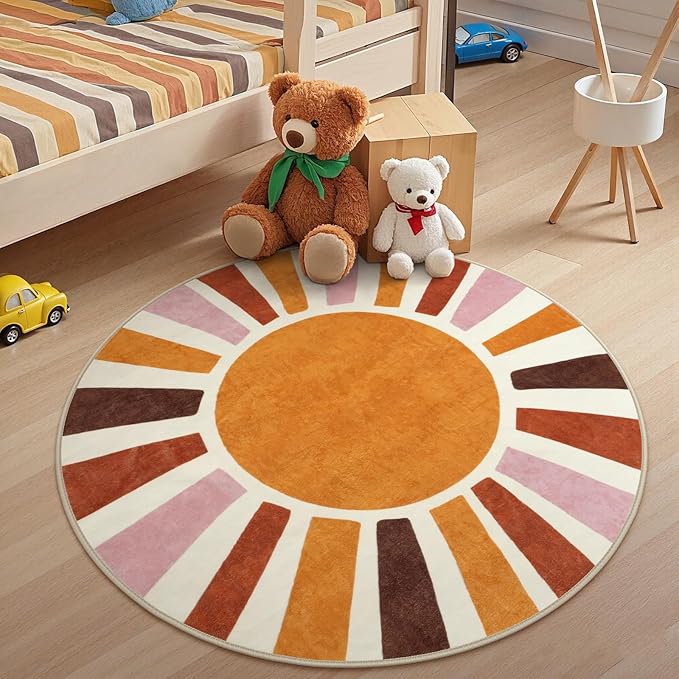 LIVEBOX Retro Sun Round Bathroom Rug 3 ft, Colorful Boho Rug Soft Circle Entryway Rugs for Bedroom, Cute Washable Non-Slip Kids Carpet Doormat for Dorm Living Room Nursery Room