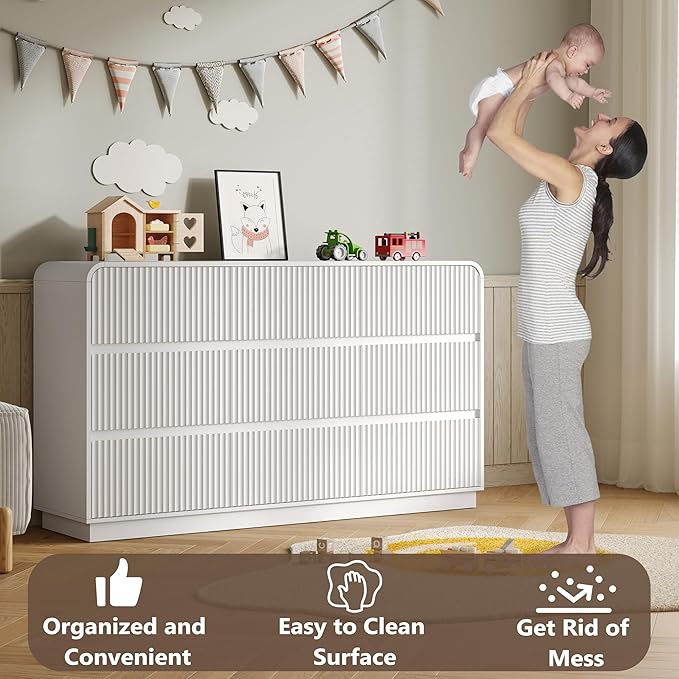 Dresser for Bedroom with 9 Drawers, Fluted Chest of Drawers with Round Curved Corner, Hidden Handles, Modern Wood Storage Organizer for Bedroom, Nursery, Living Room