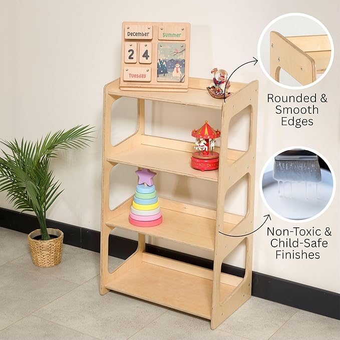 Montessori Bookshelf for Toddlers Solid Wood Toy Storage Shelf Organizer for Playroom and Classroom Floor Bookshelf for Kids Room (Natural, 4-Shelves)