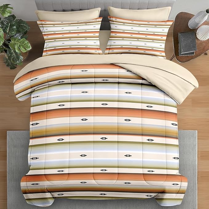 Comforter Set Twin Size, Geometric Tribal Striped 5 Pcs Bedding for Kids and Adults, Boho Modern Colorful Bed Sheet Sets with Fitted Sheet Pillowcase & Sham for Bedroom Bed Decor