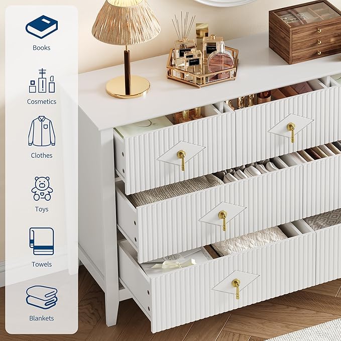 GarveeHome Fluted Dresser for Bedroom, 54 Inch Wide 7-Drawer Wood Dresser, Modern Chest of Drawers, Storage Organizer Cabinet for Living Room, Hallway, Entryway, White