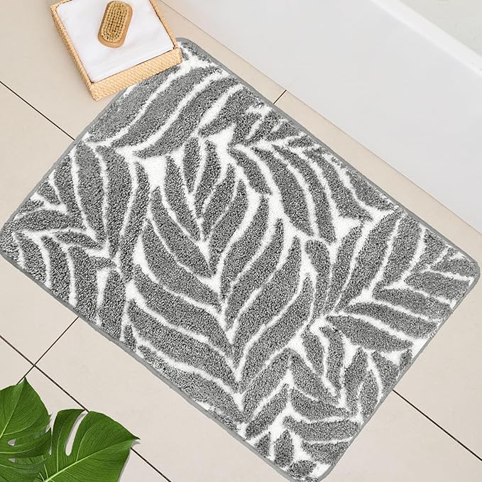 Gray Bathroom Rug - Grey Bath Mat Large Tropical Leaf Bath Rugs Non Slip Washable Bathrug for Bathroom Floor, Cute Bathmat Restroom Rug, Plant Absorbent Bath Mats Botanical Home Decor 24" x 36"