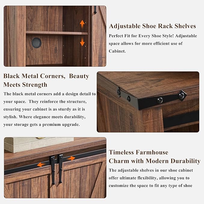 OKD Storage Cabinet with 2 Sliding Door, 7-Tier 62" Tall Farmhouse Entryway Shoe Cabinet, Freestanding Rustic Hidden Shoe Organizer for Entryway, Rustic Walnut
