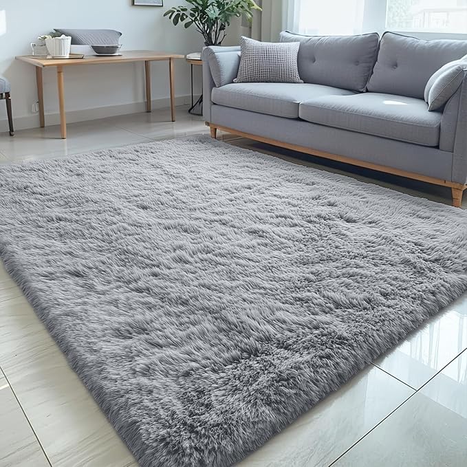 OLANLY 5x7 Machine Washable Large Area Rugs for Living Room, Bedroom, Soft Fluffy Shaggy Bedside Rug, Indoor Floor Carpet for Kids Girls and Boys, Dorms, Nursery, Home Decor, Silver Grey