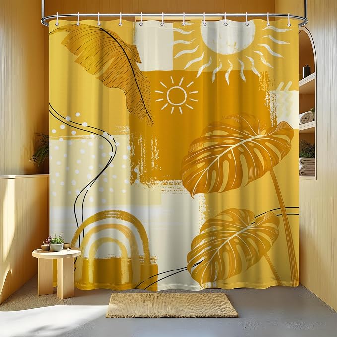 Extra Tall Shower Curtain XL Boho Mid Century Modern, 70 x 78 Inchs | for Extra Long 78 Inchs Shower, Yellow Abstract Pattern Design, Large Bathroom Decor Sets Waterproof Cloth Fabric, with Hooks