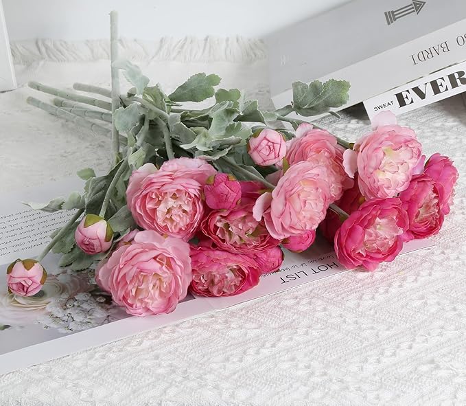 IPOPU Fake Peonies Artificial Ranunculus Flowers 6pcs 18Heads Pink Flowers Combo Hot Pink Silk Flowers 20.47" Artificial Flowers Bulk for Faux Floral Arrangements Home Table Decor (Multi-Pink)