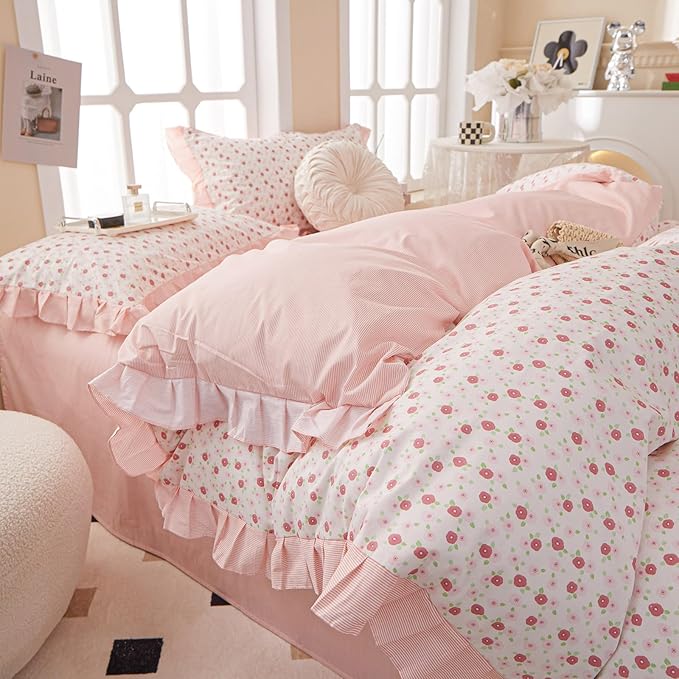 LifeTB Ruffle Duvet Cover Twin Cute Pink Red Flower Duvet Cover 100% Cotton Girls Floral Bedding Cover Reversible Pink Striped Ruffle Comforter Cover Romantic Princess Lace Bedding Set for Teen Girls