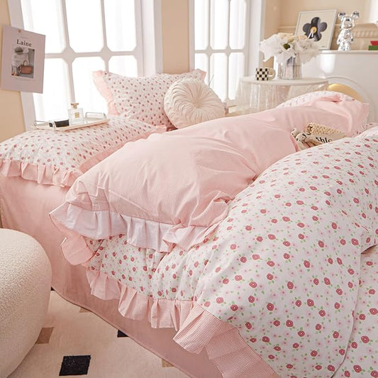 LifeTB Ruffle Duvet Cover Twin Cute Pink Red Flower Duvet Cover 100% Cotton Girls Floral Bedding Cover Reversible Pink Striped Ruffle Comforter Cover Romantic Princess Lace Bedding Set for Teen Girls
