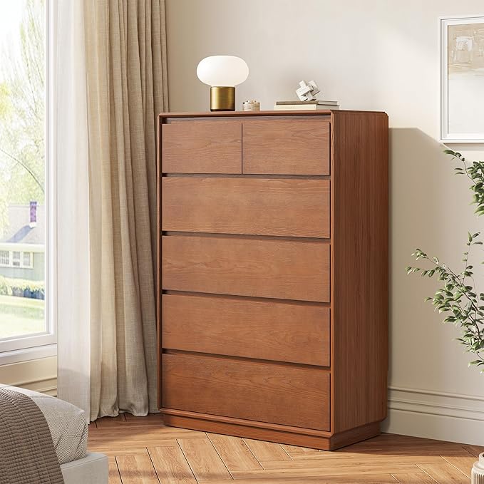 Solid Wood Dresser for Bedroom, Natural Solid Wood 6 Drawer Dresser,45.3" Tall Mid Century Modern Chest of Drawers, Closet Storage Organizer for Living Room, Bedroom