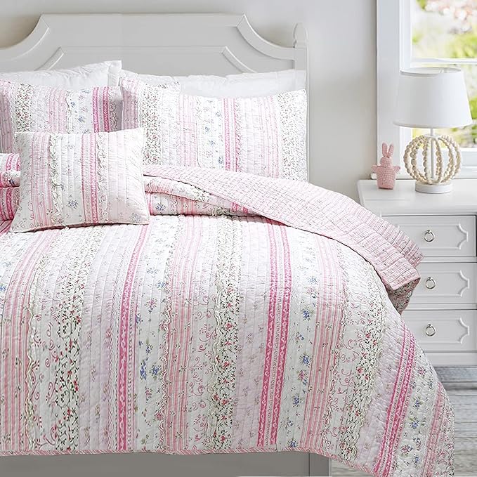 Cozy Line Home Fashions Pink Flower Lace Ruffle Stripe Shabby Chic Girl 100% Cotton Reversible Quilt Bedding Set, Coverlet, Bedspread (Pink Lace, Twin - 2 Piece: 1 Quilt + 1 Sham)