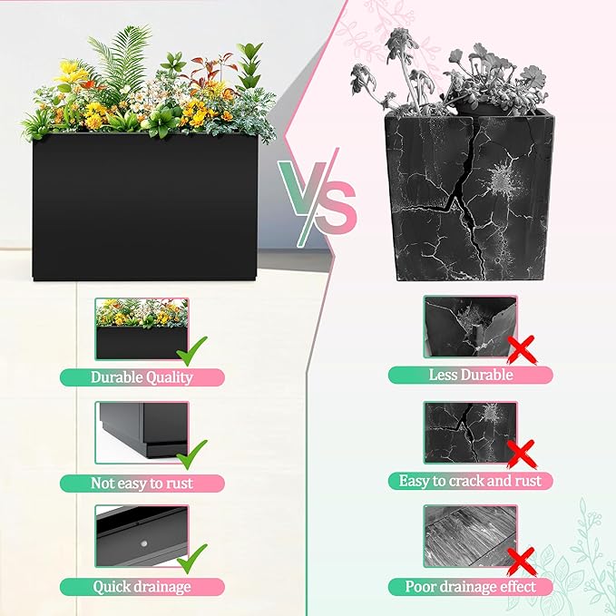 Metal Planter Box Rectangular Planter Box with Drainage Hole, Outdoor Large Planters, All-Weather Use, Rust-Resistance, for Flowers Plants, 35.4" L × 9.1" W × 25.6" H, Black