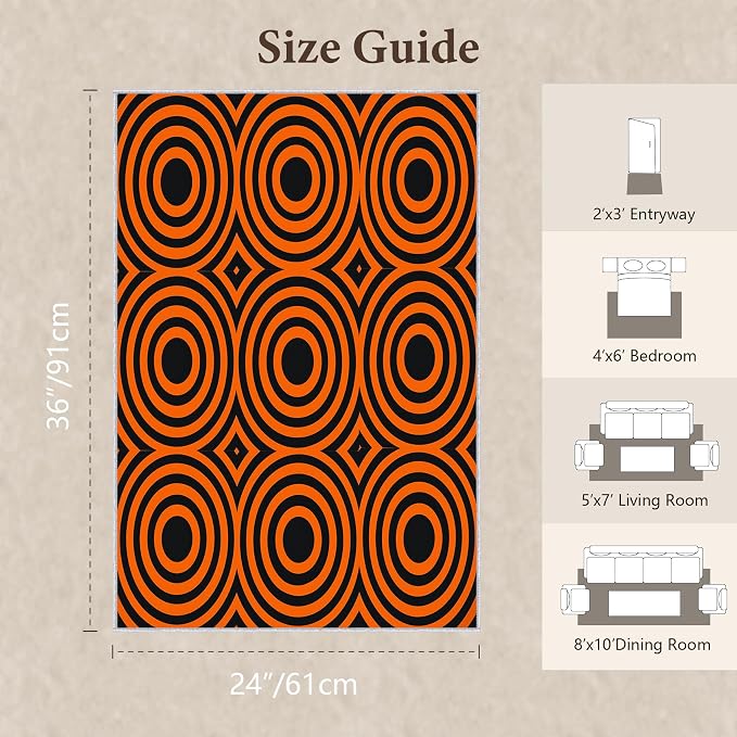 Retro Rings Area Rug 2x3, Optical Geometric Circle Rug, Bold Retro Pattern Carpet for Living Room Bedroom, Non Slip Soft Area Rug