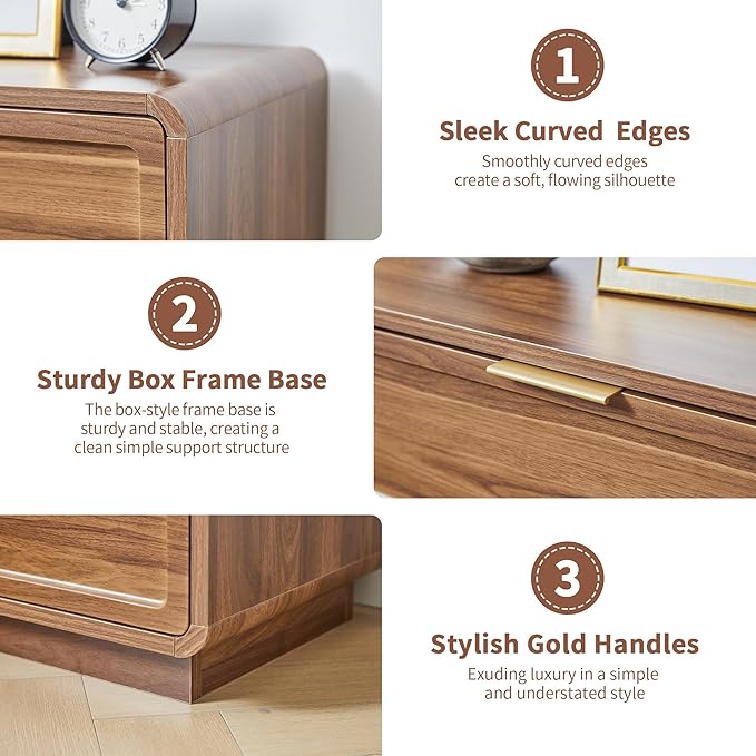 Modern Nightstand Set of 2 for Bedroom, 26'' Wide Wood 3 Drawers Bedside Table, Large Dresser w/Curved Profile Design, Side Table, End Table with Storage Drawers for Living Room, Entryway, Walnut