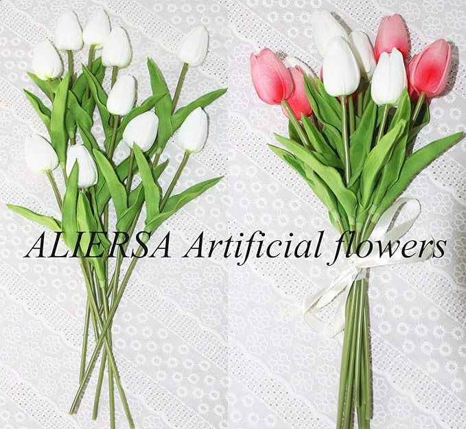 Artificial Tulips 10 Heads Mini Real Touch Artificial Flowers Fake Tulip for Home Decor Wedding Party DIY Bouquet Flowers (White)