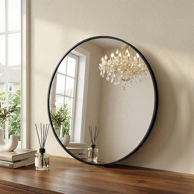24 Inch Black Round Bathroom Wall Mirror, Round Mirrors for Wall Decor, Circle Mirror for with HD Shatter-Proof Glass for Entryway, Living Room, Bedroom, Dressing Room, Home Decor