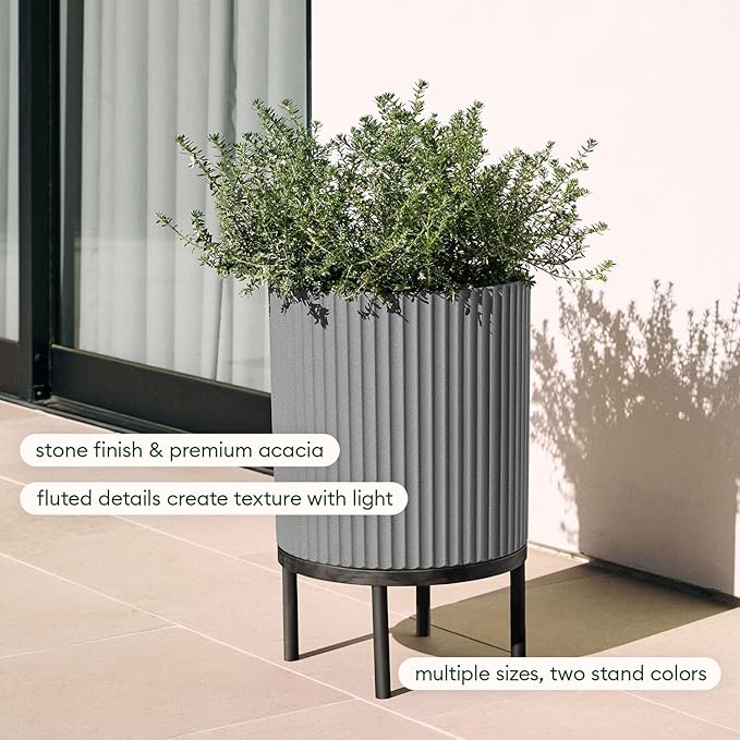 Veradek Demi Series Round Planter w/ Stand for Porch/Patio | Durable Plastic-Concrete & Wooden Stand | Modern Décor for Tall Plants, Flowers