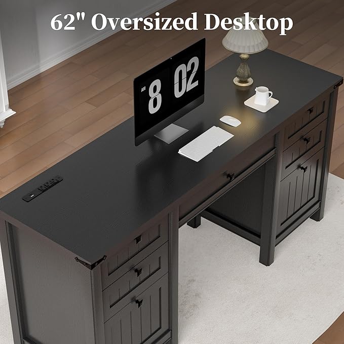 Executive Desk, Modern Farmhouse Computer Desk with Drawers & Cabinet, Home Office Desk for Work Study Writing Workspace (Black, 62")