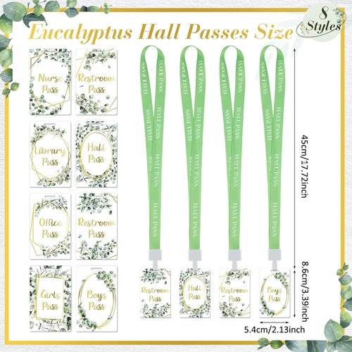 Skiennix 8 Set PVC Hall Pass Lanyards - Durable Eucalyptus Design for School & Office Use