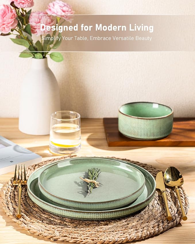 GBHOME 12-Piece Stoneware Dinnerware Set for 4 – Ribbed Ceramic Plates and Bowls, Scratch-Resistant, Microwave & Dishwasher Safe, Reactive Glaze, Pastel Green