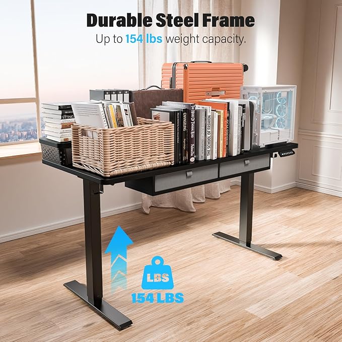 Electric Standing Desk with 4 Drawers 48''x 24'' Adjustable Height Sit to Stand Up Desk with Storage Shelf, C-Clamp Mount Compatible Black Home Office Desks Computer Gaming Table Ergonomic Workstation