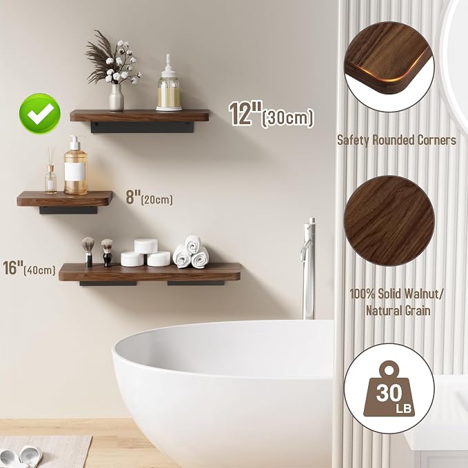 Danpoo 12 inch Solid Walnut Floating Shelf - Versatile Wall Shelf for Kitchen, Bathroom, Office, Displaying Books, Decor, and Plants